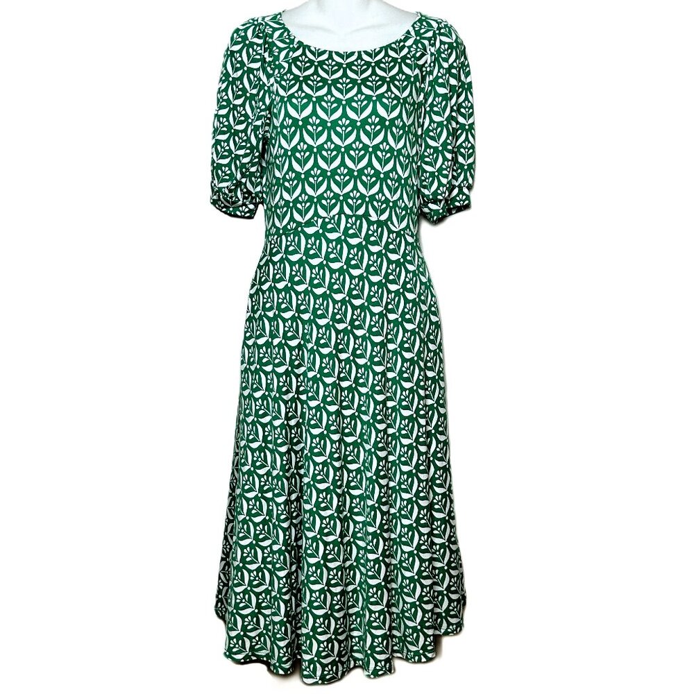 Boden Kelly Green Roberta Stretch Jersey Dress Puff Half Sleeves Sz 4 Long/Tall